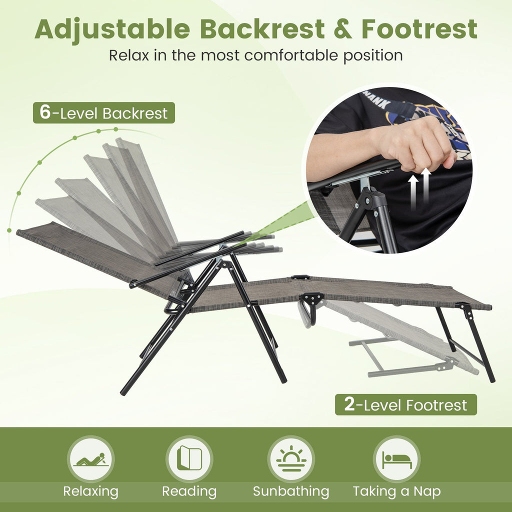 2 Piece Patio Folding Chaise Lounge Chairs Recliner with 6-Level Backrest