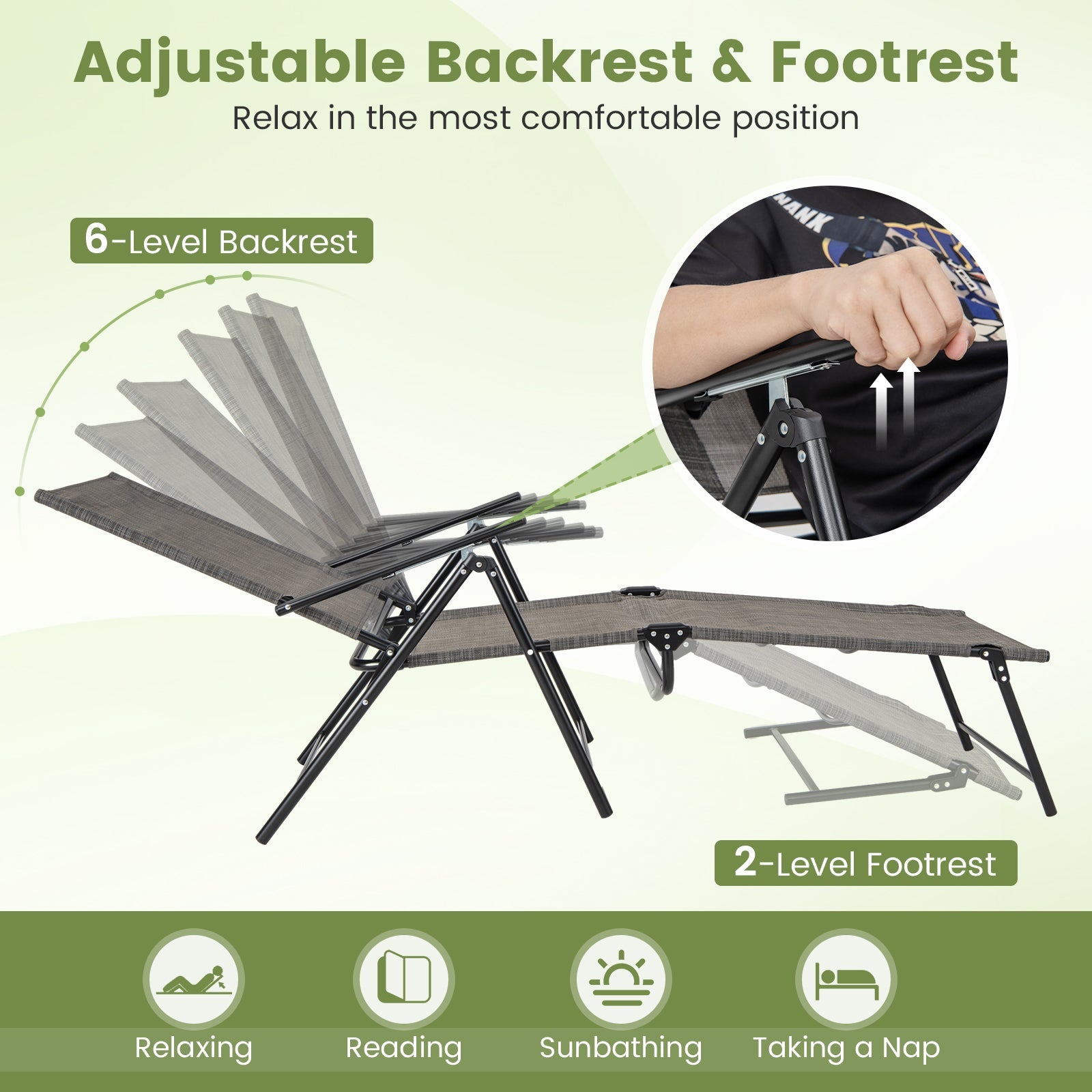2 Piece Patio Folding Chaise Lounge Chairs Recliner with 6-Level Backrest