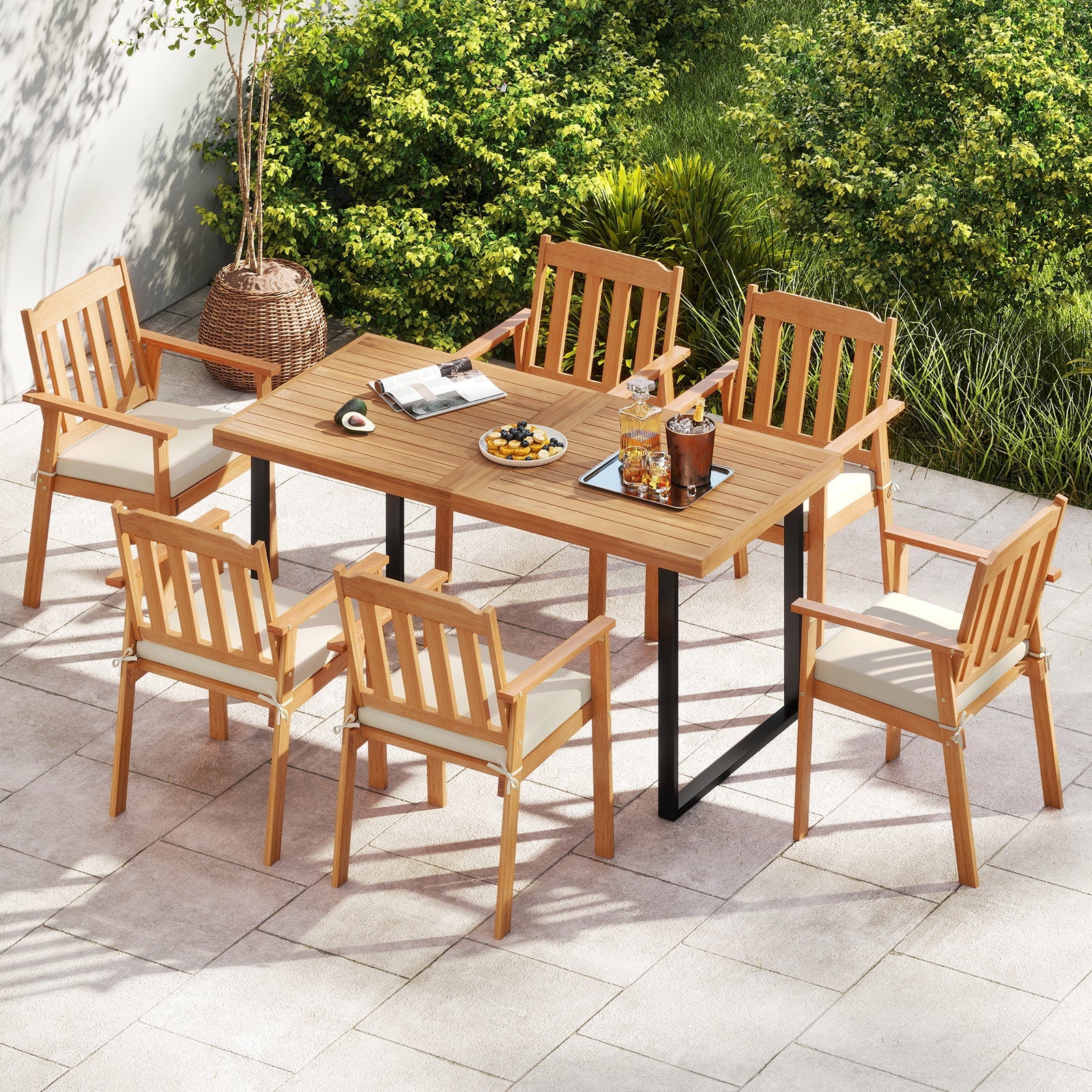 2 Pieces Patio Dining Chairs Outdoor Acacia Wood Chairs-White