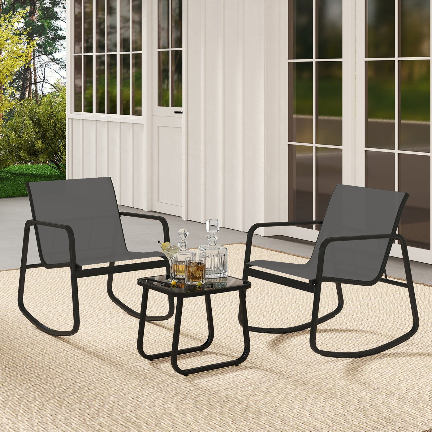 3-Piece Rocking Bistro Set with Glass Table for Patio