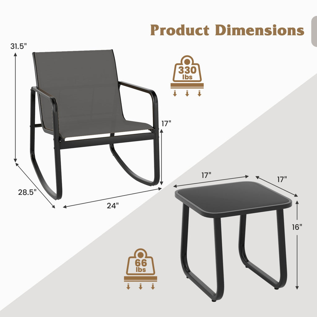 3-Piece Rocking Bistro Set with Glass Table for Patio