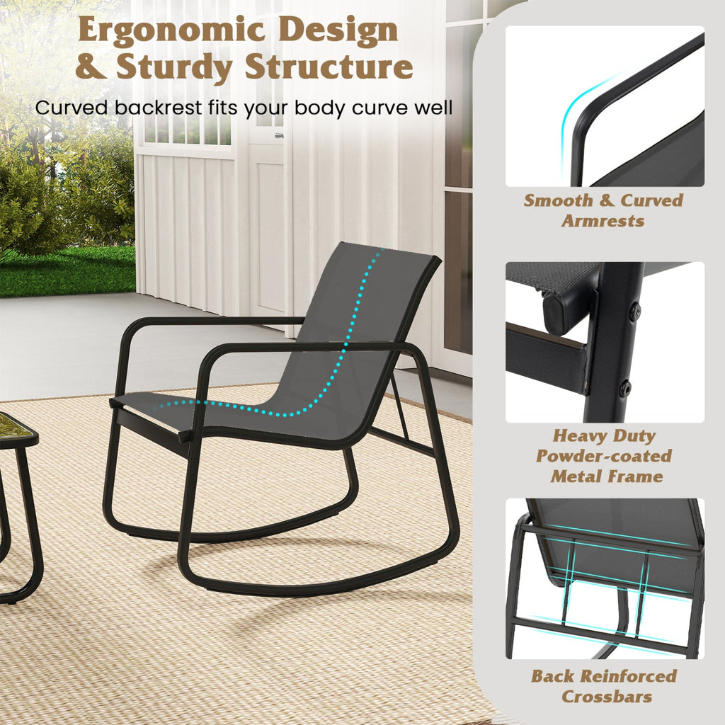 3-Piece Rocking Bistro Set with Glass Table for Patio