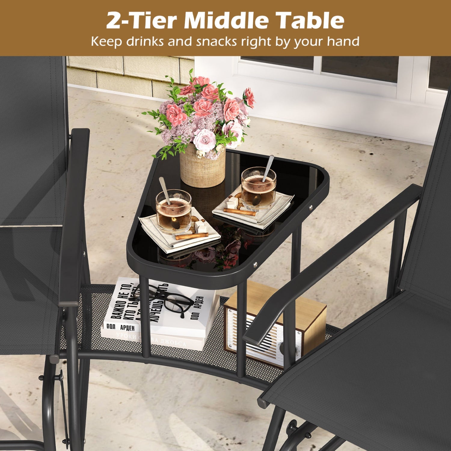2-Seater Outdoor Glider Bench with Center Table