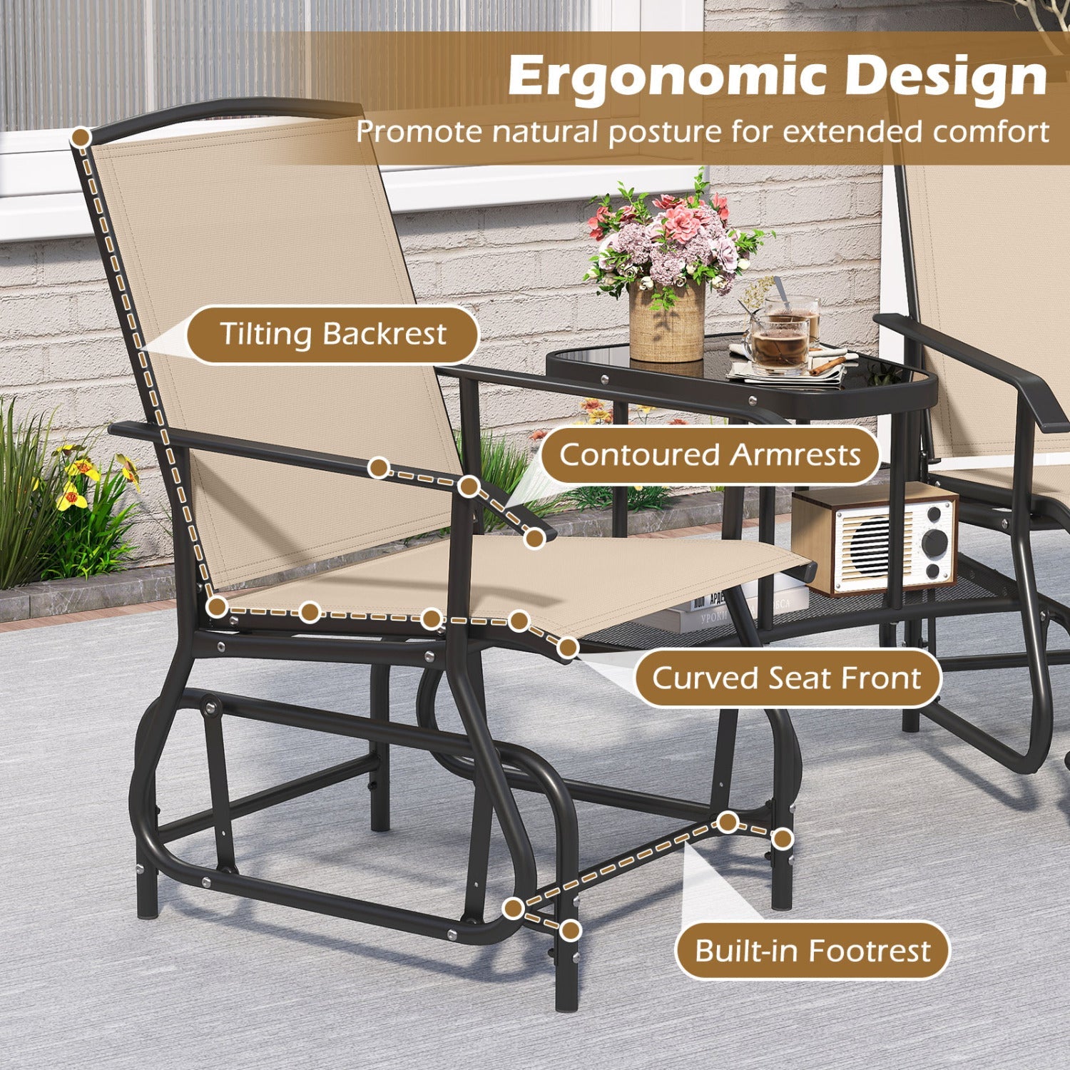 2-Seater Outdoor Glider Bench with Center Table