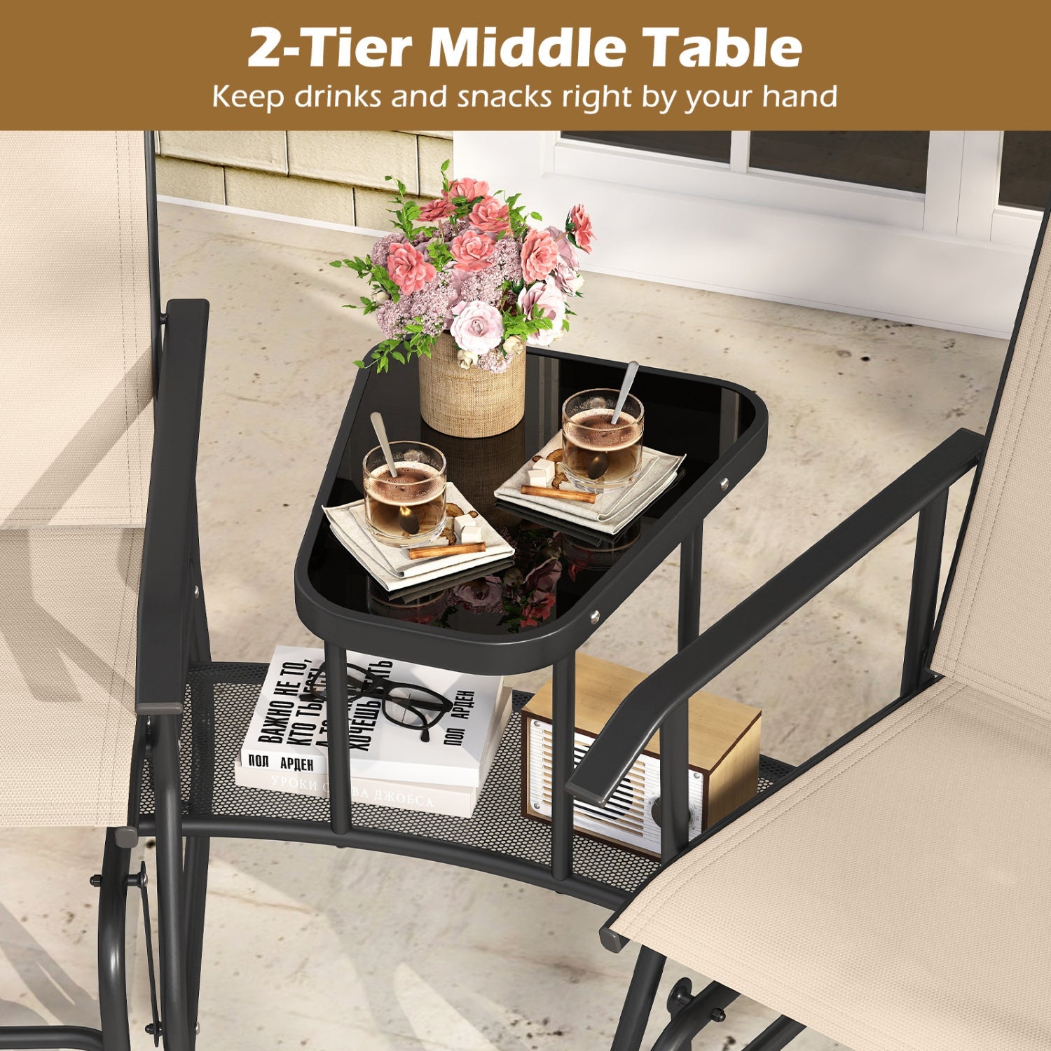2-Seater Outdoor Glider Bench with Center Table
