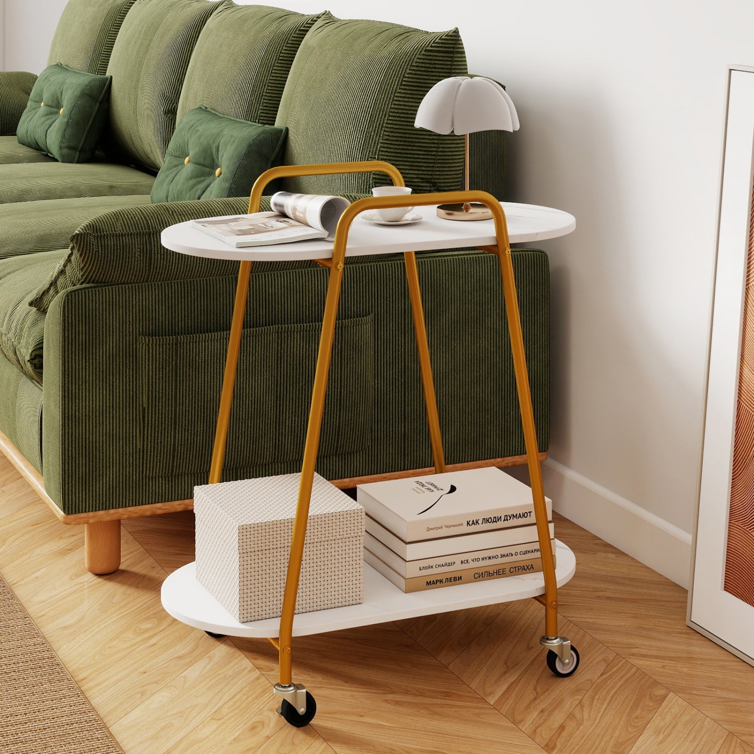 Rolling End Table with Faux Marble Top - 2-Tier Storage