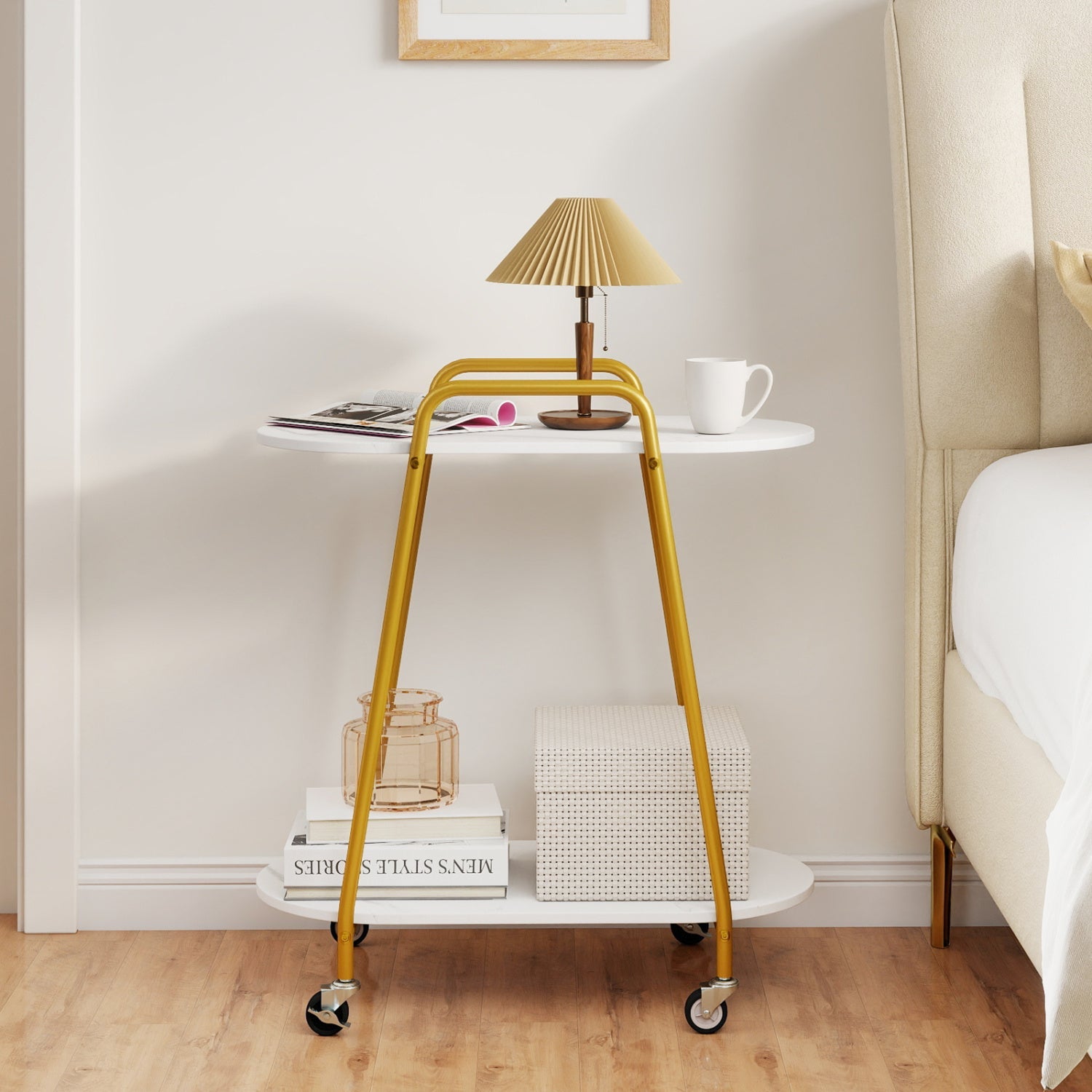 Rolling End Table with Faux Marble Top - 2-Tier Storage