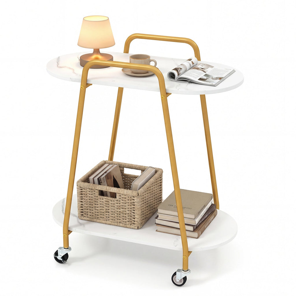 Rolling End Table with Faux Marble Top - 2-Tier Storage