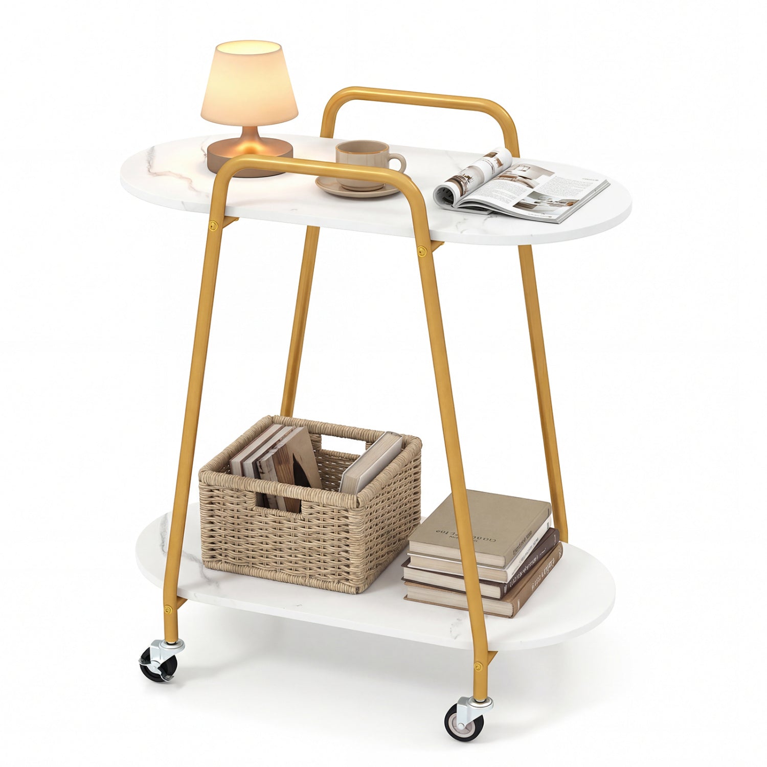 Rolling End Table with Faux Marble Top - 2-Tier Storage
