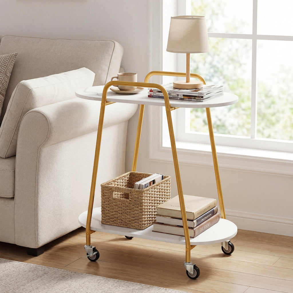 Rolling End Table with Faux Marble Top - 2-Tier Storage
