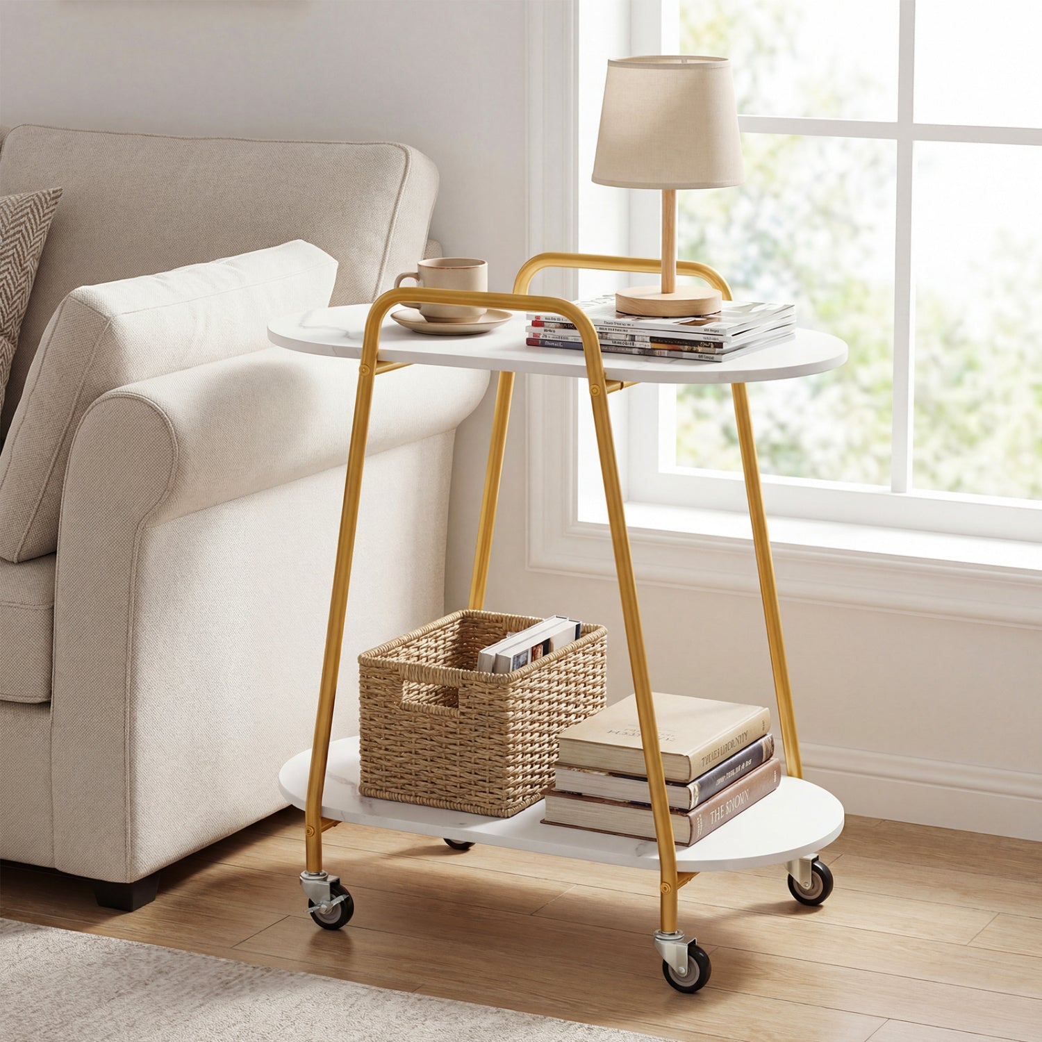Rolling End Table with Faux Marble Top - 2-Tier Storage