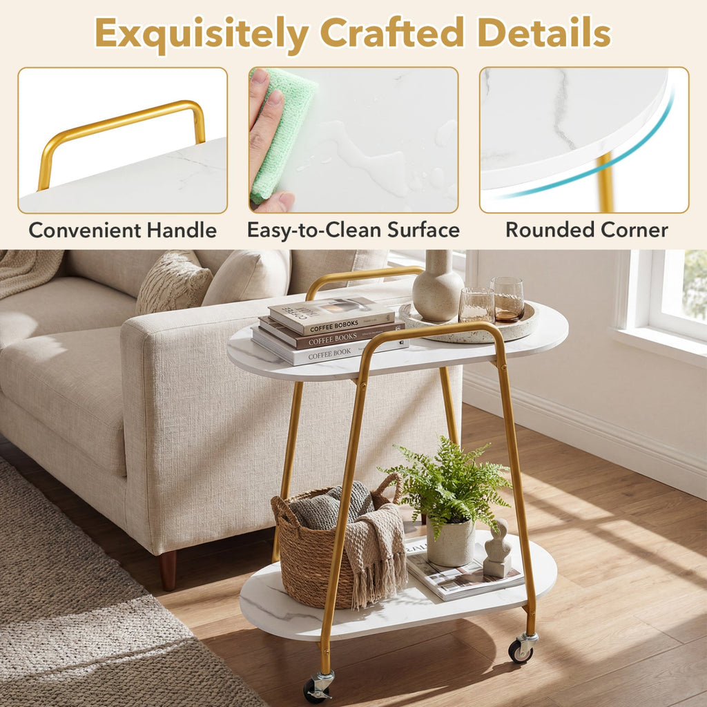 Rolling End Table with Faux Marble Top - 2-Tier Storage