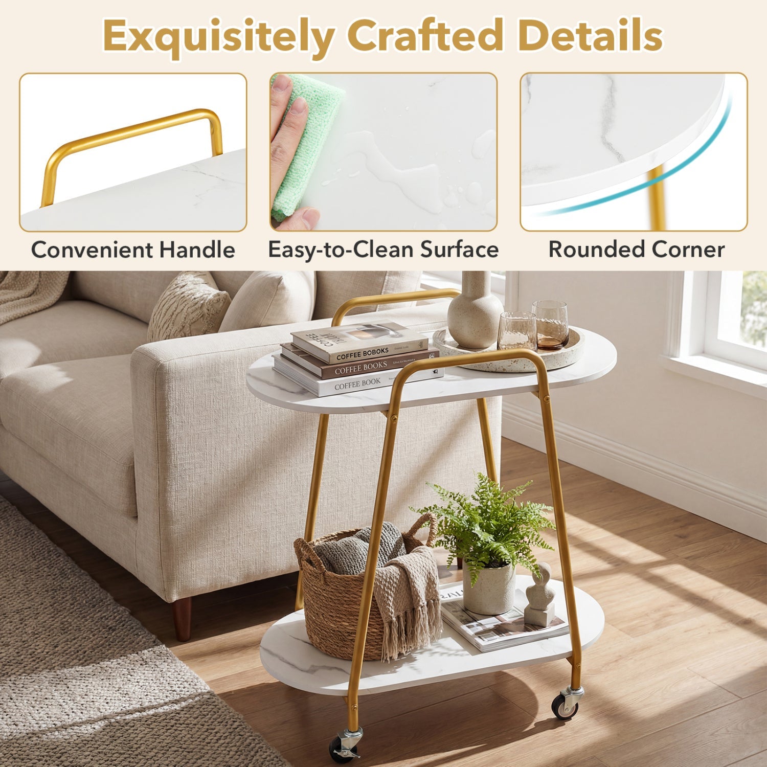 Rolling End Table with Faux Marble Top - 2-Tier Storage