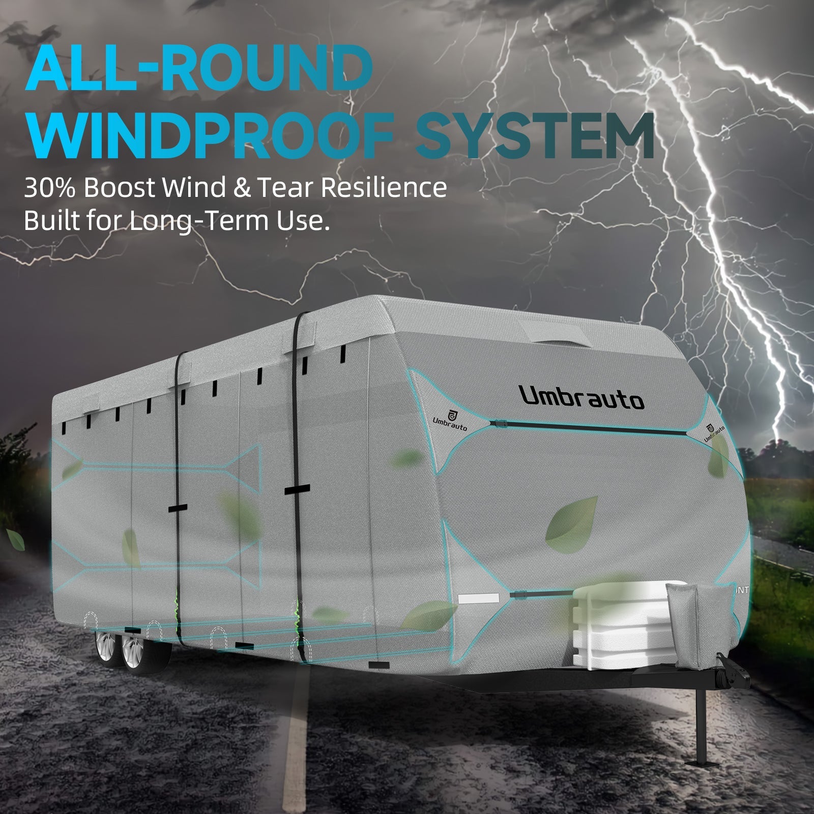 Umbrauto Bi-component Hi-tech Fabric RV Cover,Travel Trailer Cover, Waterproof Camper Cover, Toy Hauler Cover with Tongue Jack Cover, Extra Windproof Ropes, Gutter Covers