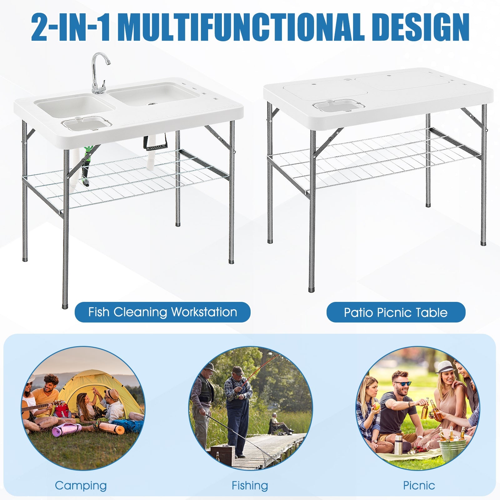 2-in-1 Folding Fish Cleaning Table-White