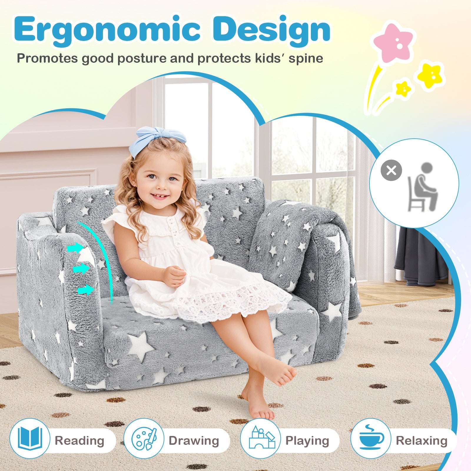 2-in-1 Folding Kids Couch with Blanket Glow in the Dark-Gray