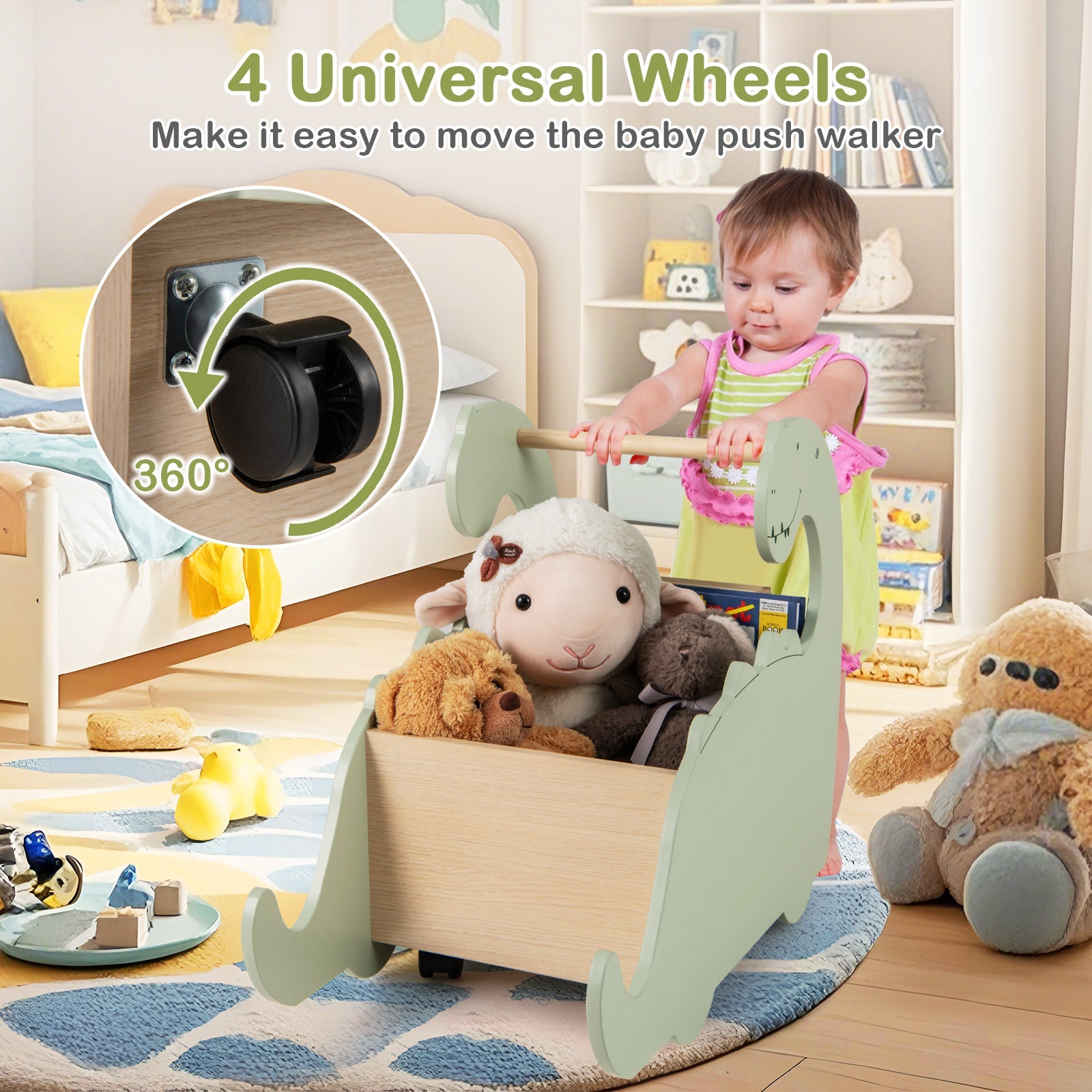 2 in 1 Wooden Baby Push Walker with Pine Wood Handle-Green