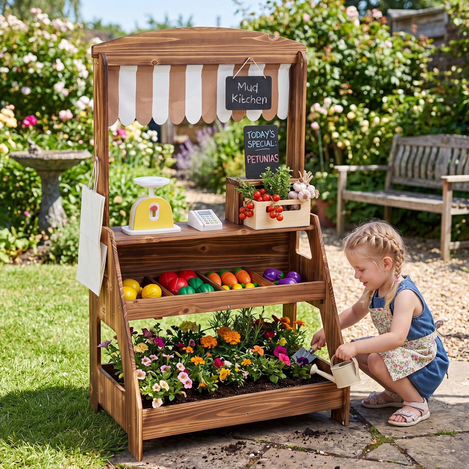 2-in-1 Wooden Mud Kitchen & Market Stand with Planter Box