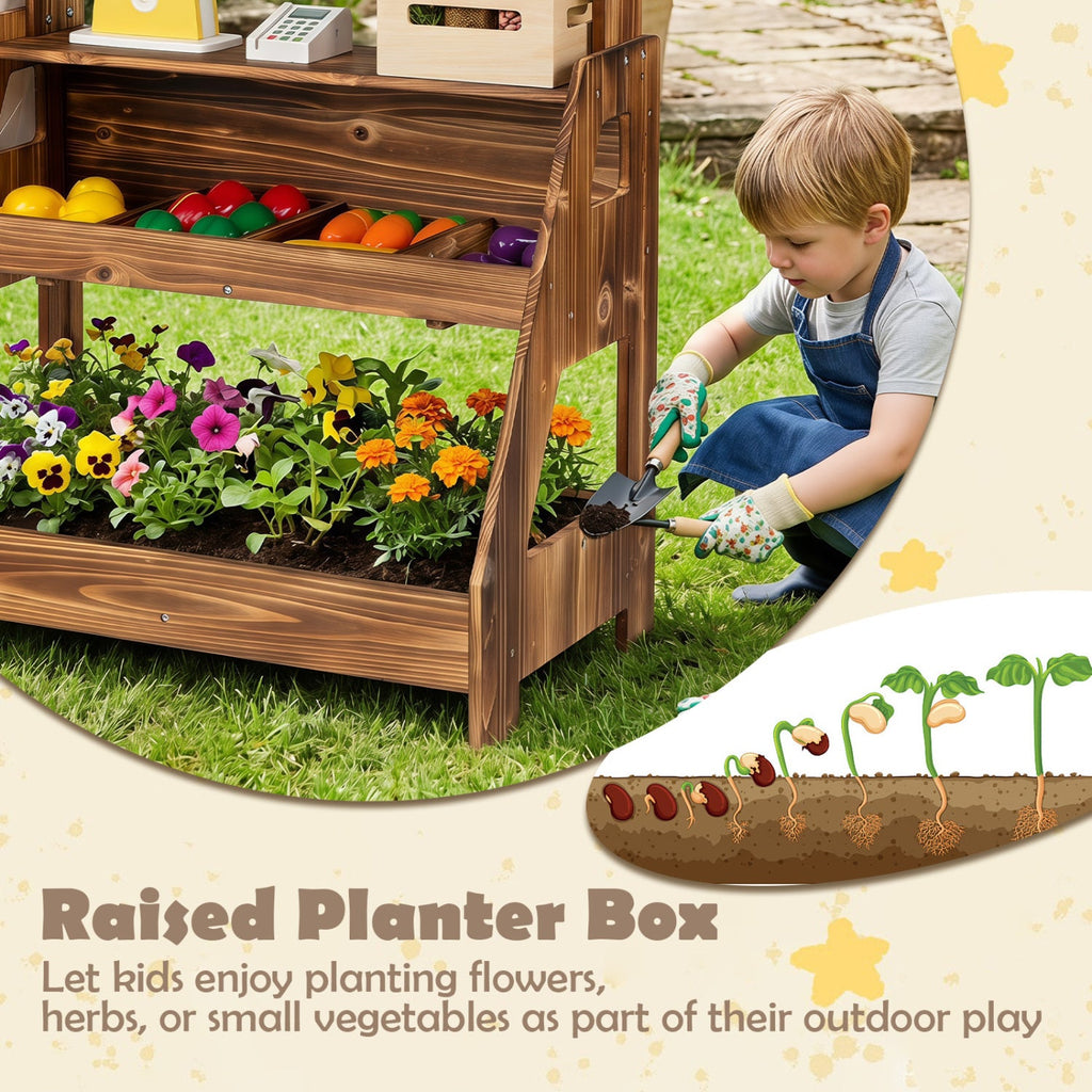 2-in-1 Wooden Mud Kitchen & Market Stand with Planter Box