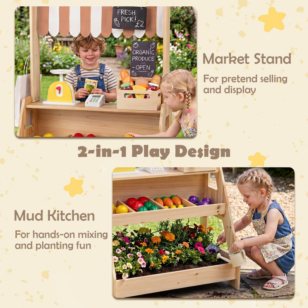 2-in-1 Wooden Mud Kitchen & Market Stand with Planter Box