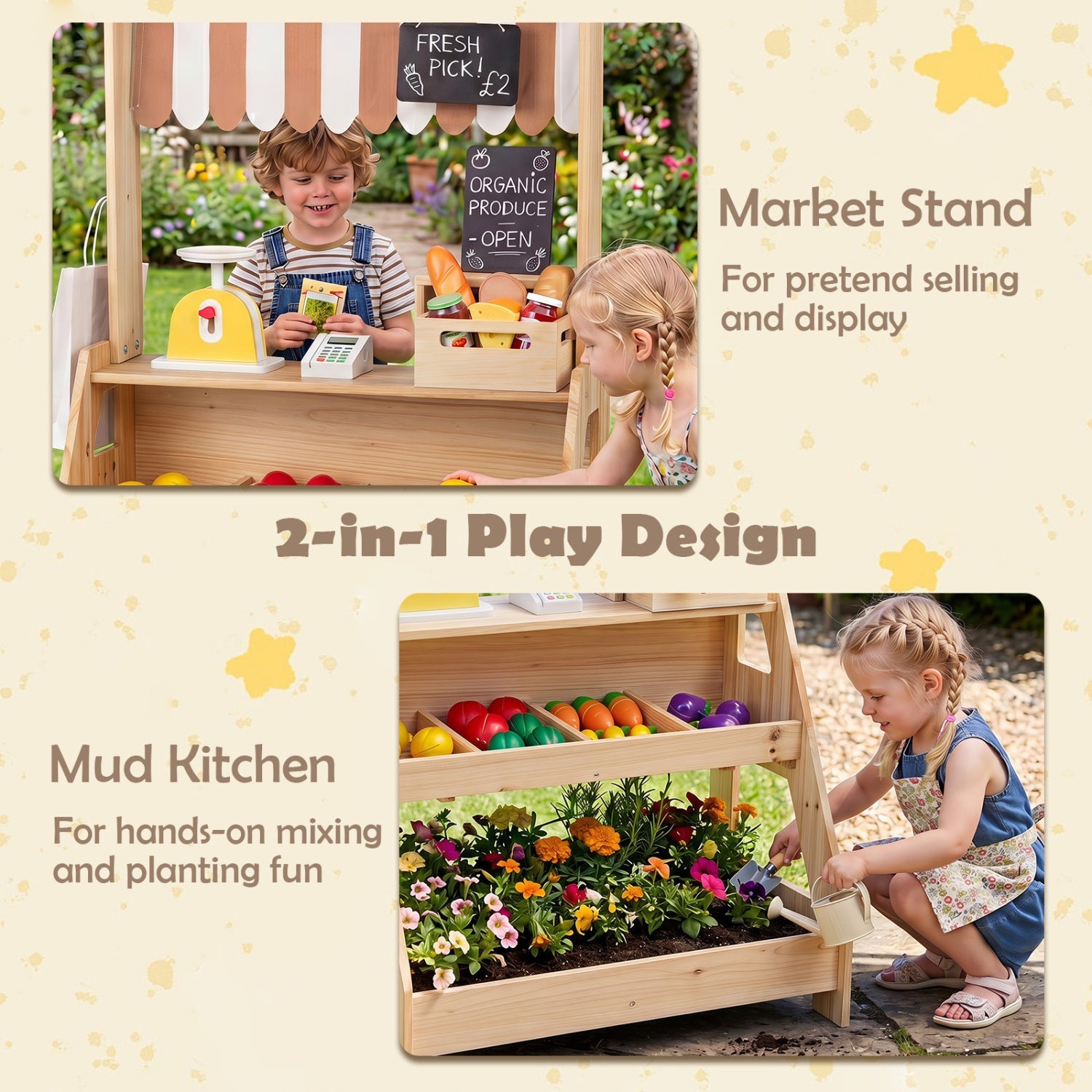 2-in-1 Wooden Mud Kitchen & Market Stand with Planter Box