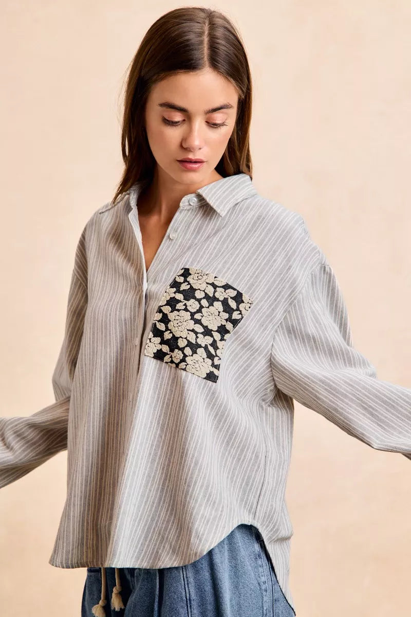 BiBi Flower Jacquard Knit Patch Pocket Stripe Shirt