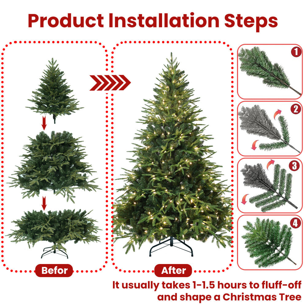 6.5 FT Pre-Lit Artificial Christmas Tree with 450 Warm White Lights | 2225-Tip PE+PVC Hinged Pine with Memory Wire Branches & Foldable Stand