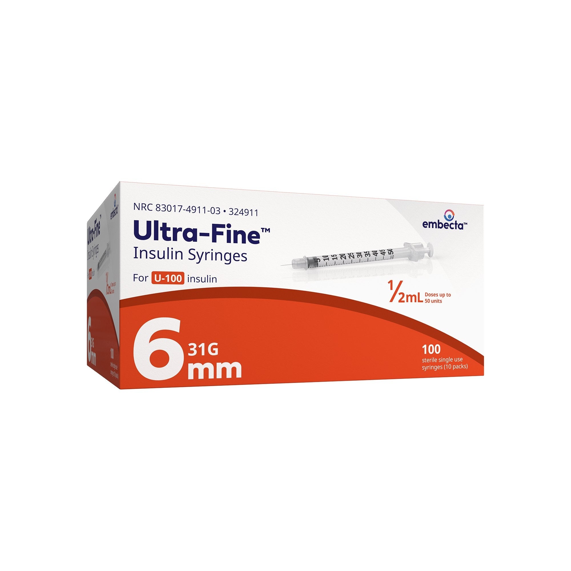 Standard Insulin Syringe with Needle Veo™ Ultra-Fine™ 0.5 mL 15/64 Inch 31 Gauge NonSafety Regular Wall 324911