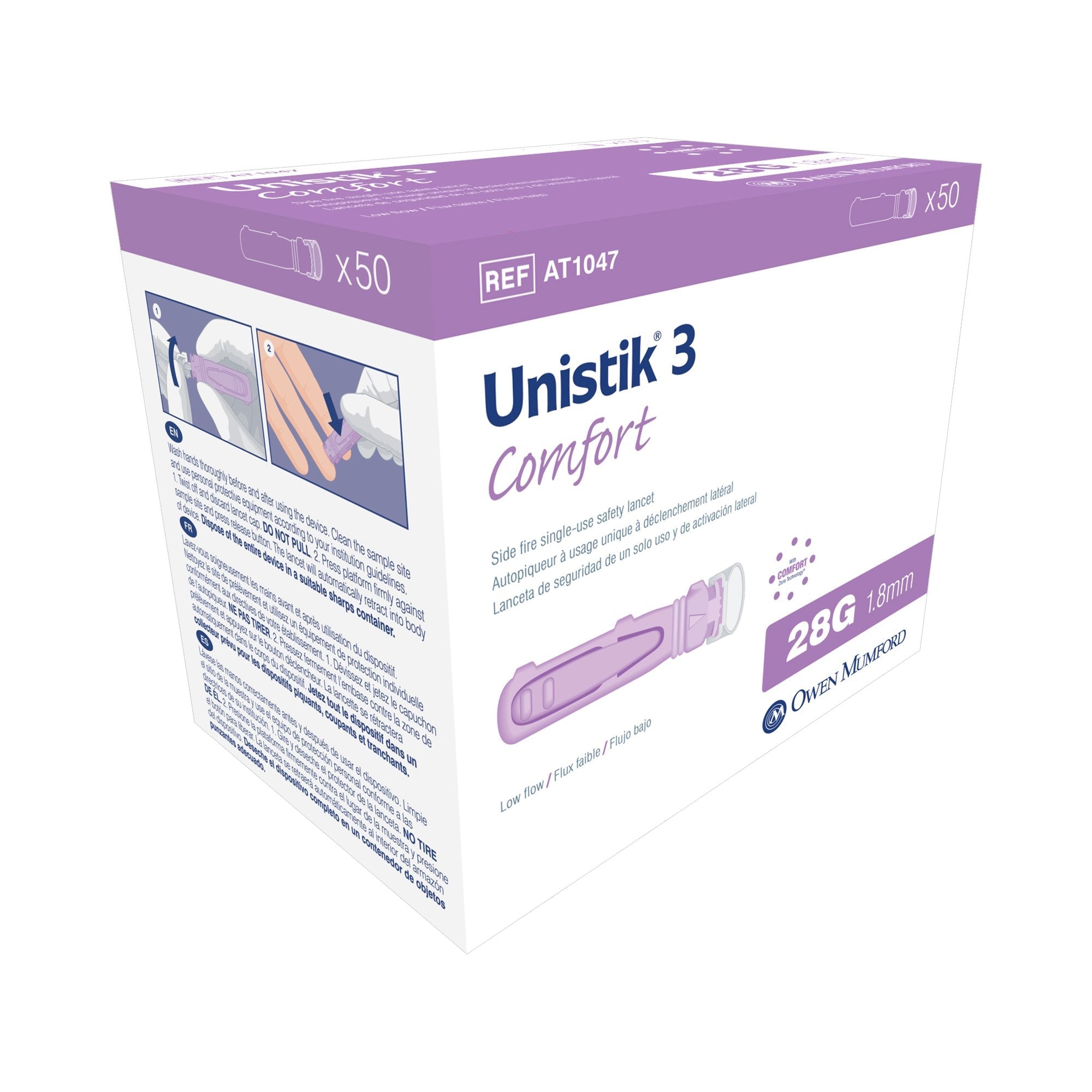 Safety Lancet Unistik 3 28 Gauge Visual Lockout Push Button Activation Finger - AT 1047