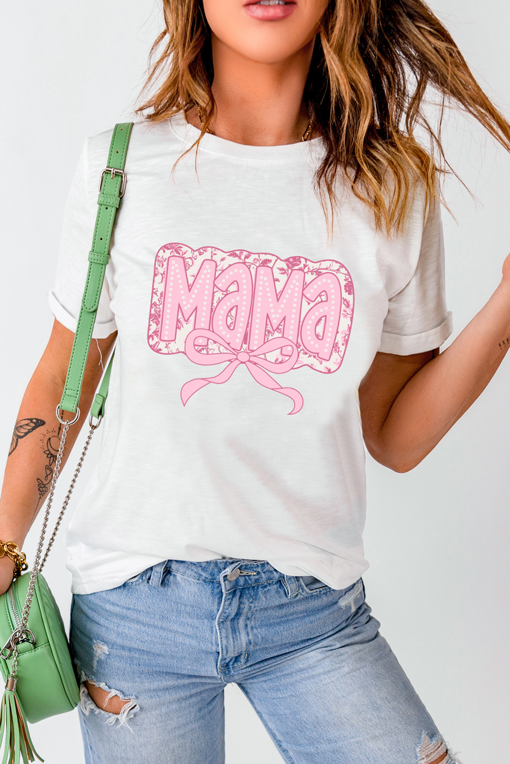 White MaMa Bowknot Graphic Crewneck Mothers Day T Shirt