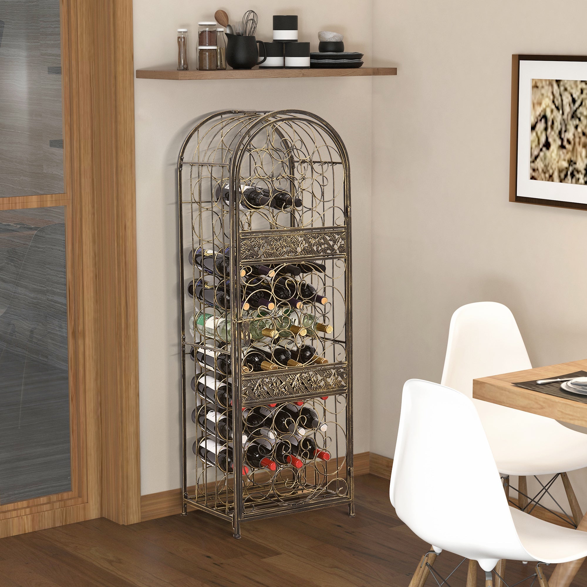 HOMCOM 45 Bottle Wrought Iron Wine Rack Jail with Lock - Antique Bronze