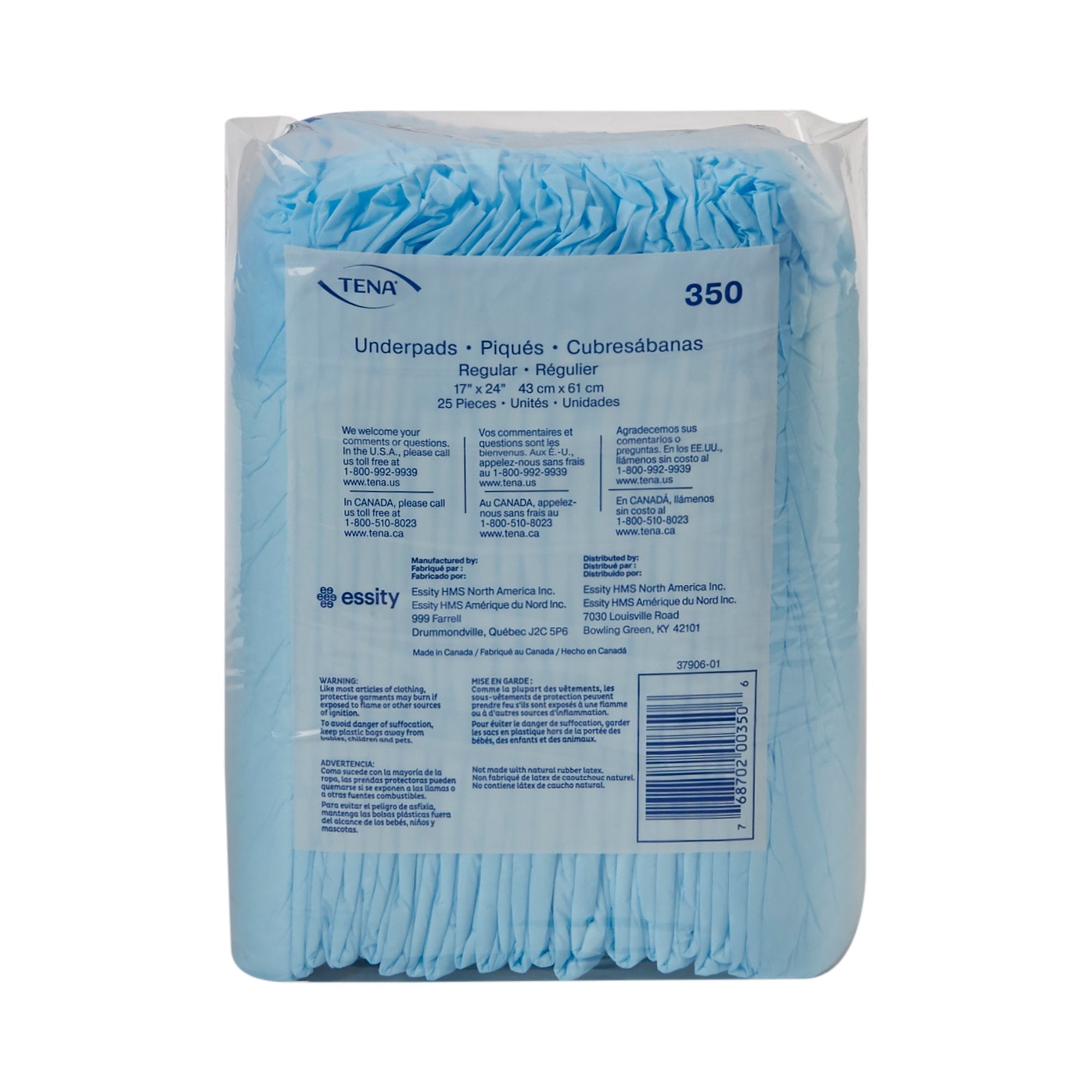 TENA Regular Underpads, Light Absorbency, Blue, Disposable, Latex-Free 350