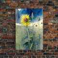 Watercolor Painting Print of a Sunflower and Wildflowers, Framed Canvas Art, Framed Print, Living Room Wall Decor