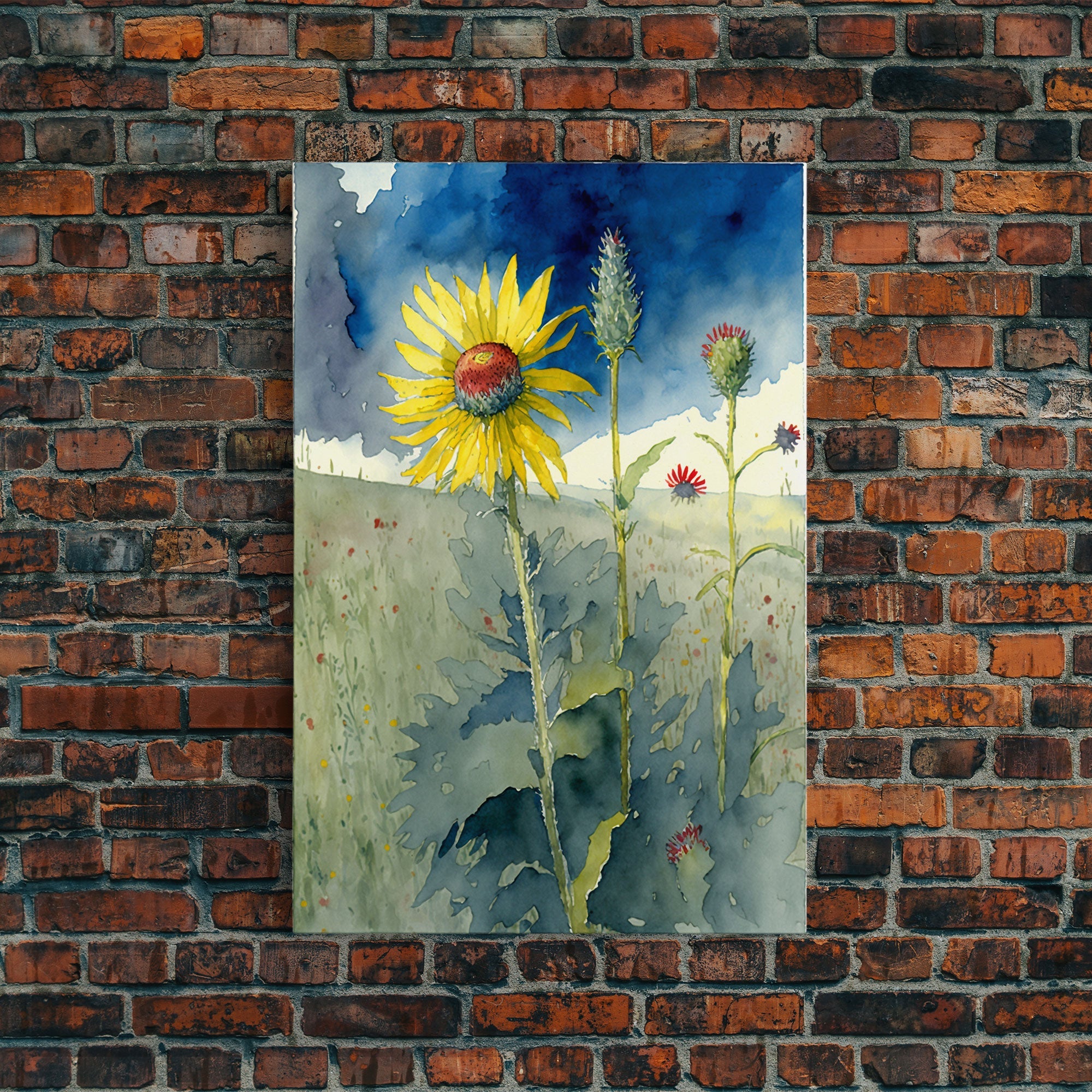 Watercolor Painting Print of a Sunflower and Wildflowers, Framed Canvas Art, Framed Print, Living Room Wall Decor