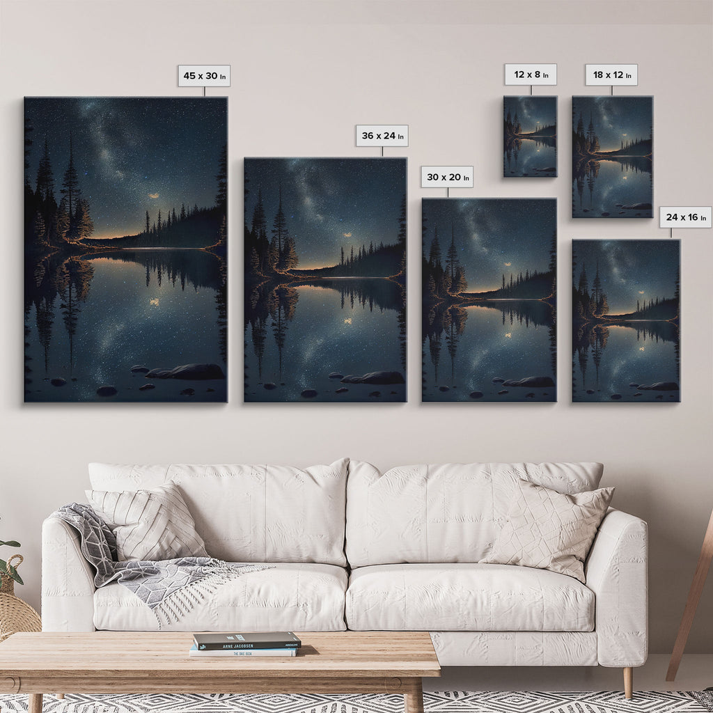 Reflections of a starry night sky over the lake, lakehouse art, beautiful framed canvas print