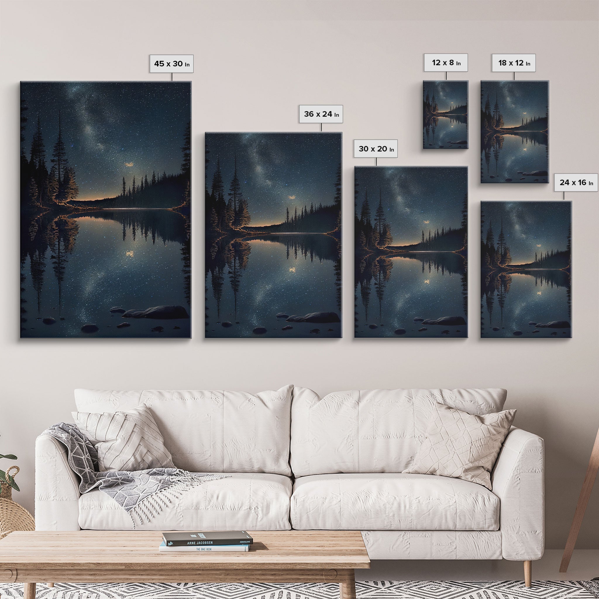 Reflections of a starry night sky over the lake, lakehouse art, beautiful framed canvas print