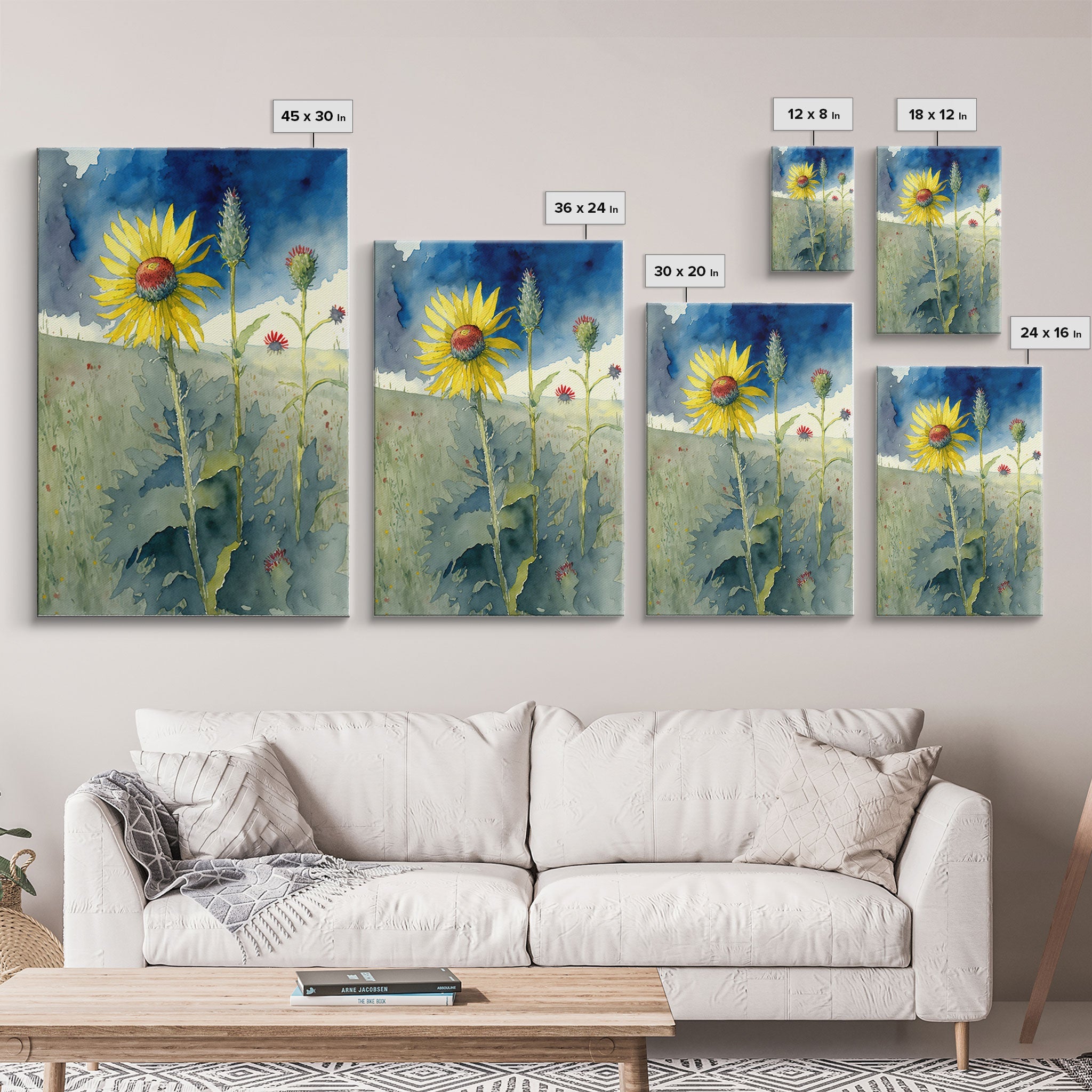 Watercolor Painting Print of a Sunflower and Wildflowers, Framed Canvas Art, Framed Print, Living Room Wall Decor