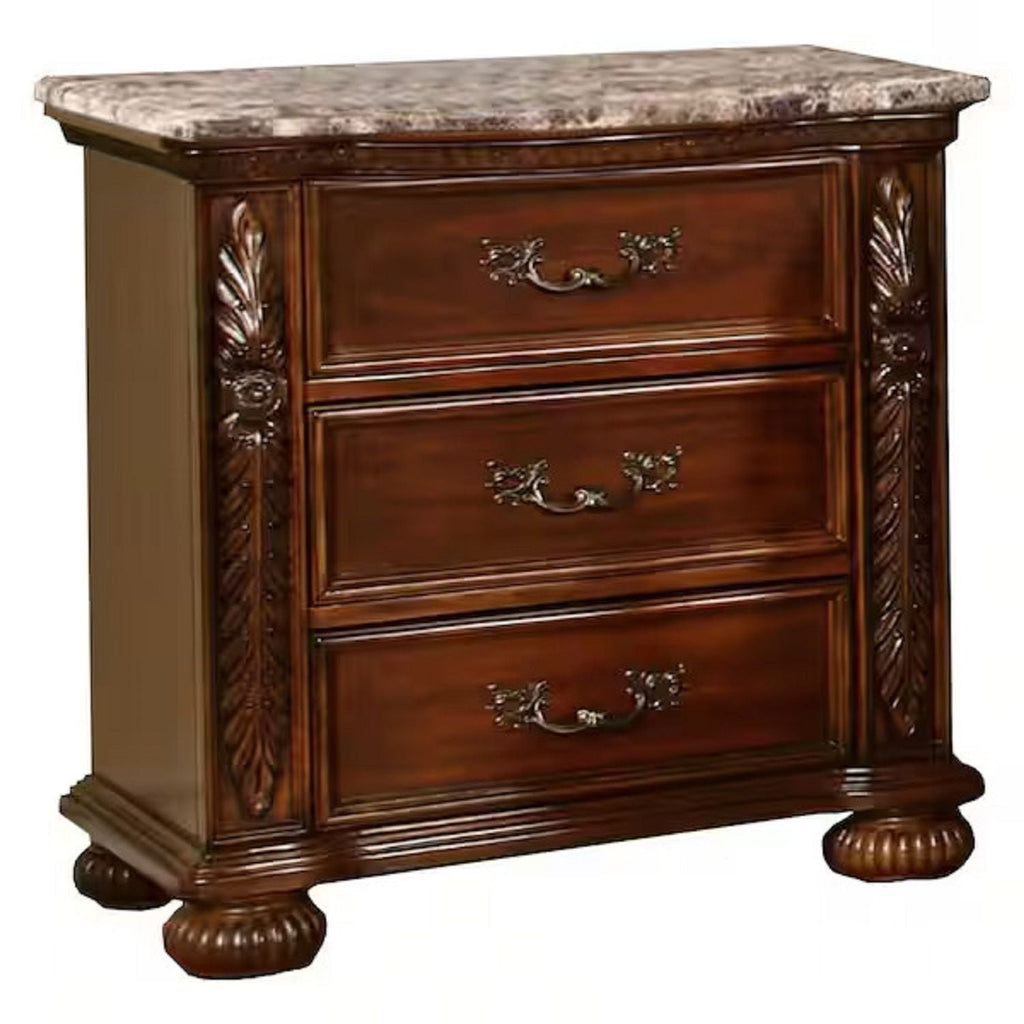 3 Drawer Nightstand, Bedside Table Hand Carved Storage For Bedroom - Cherry - PhishStones Products