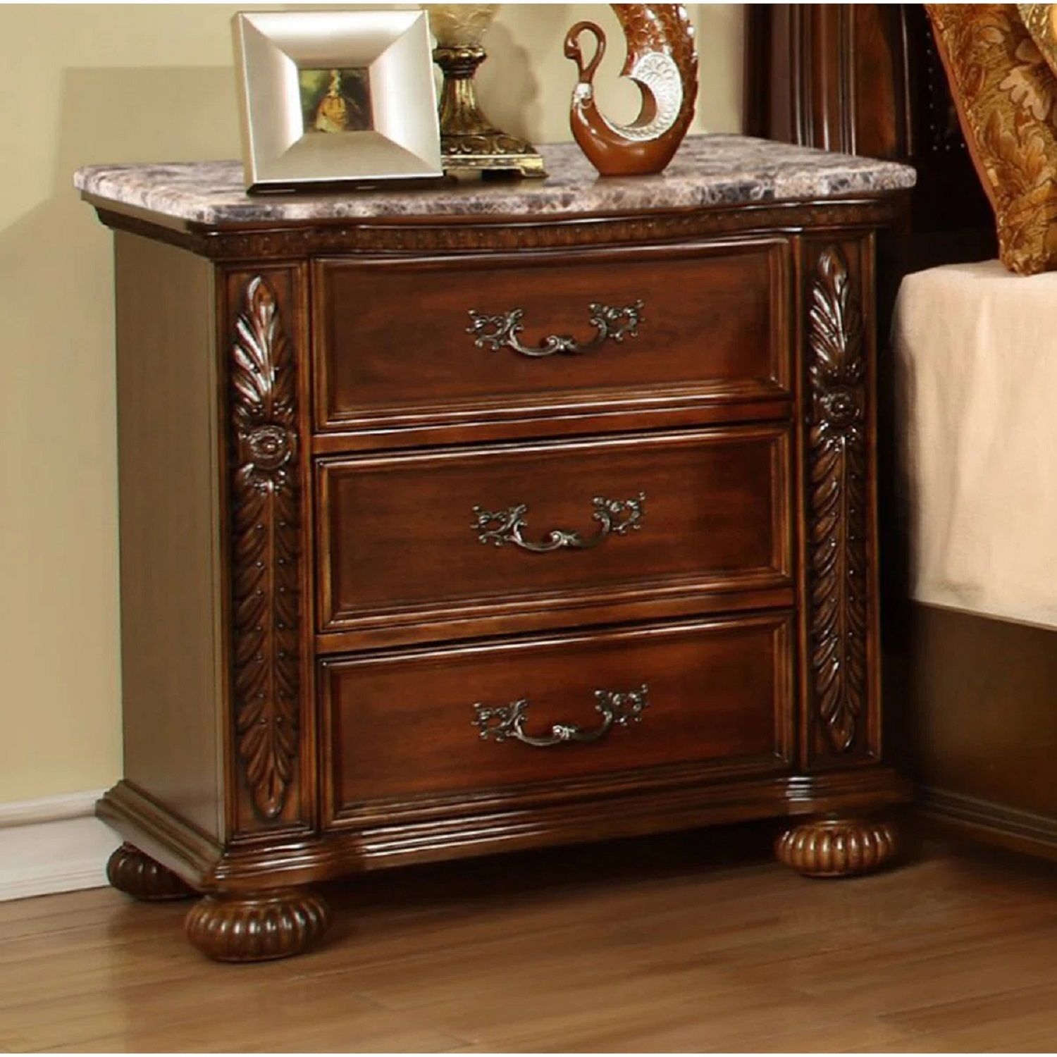 3 Drawer Nightstand, Bedside Table Hand Carved Storage For Bedroom - Cherry - PhishStones Products