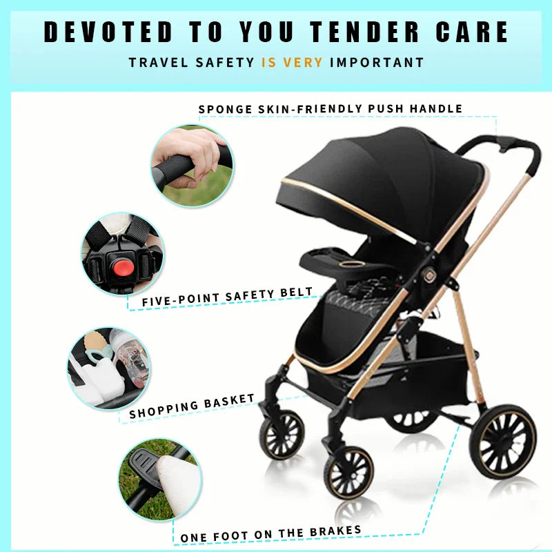 3 - in - 1 Luxury Baby Stroller Foldable Portable Travel Stroller with Aluminum Frame Reversible Lay - Flat Seat for Newborn - PhishStones Products