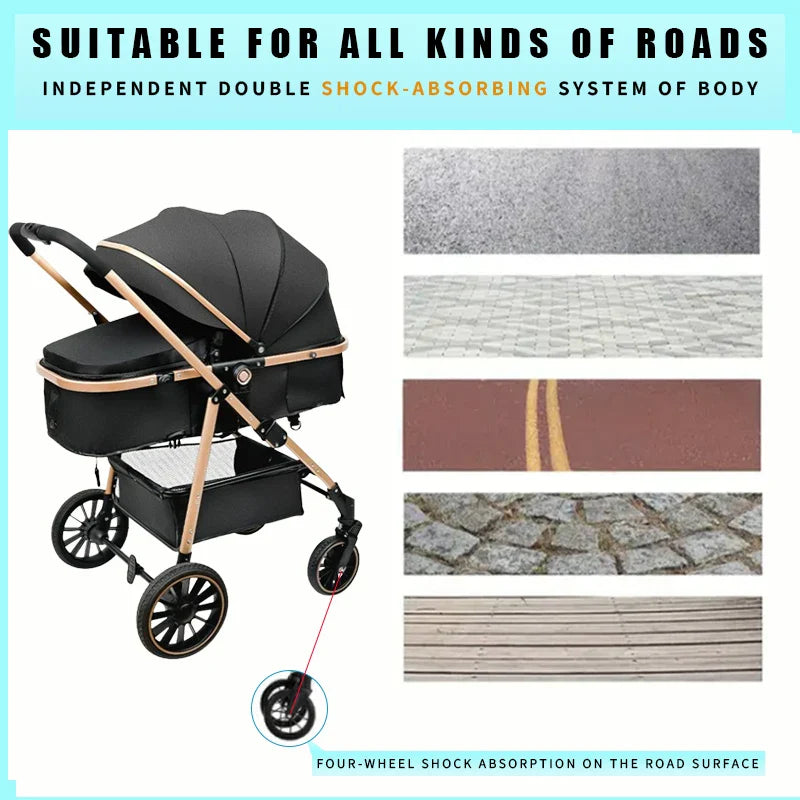 3 - in - 1 Luxury Baby Stroller Foldable Portable Travel Stroller with Aluminum Frame Reversible Lay - Flat Seat for Newborn - PhishStones Products