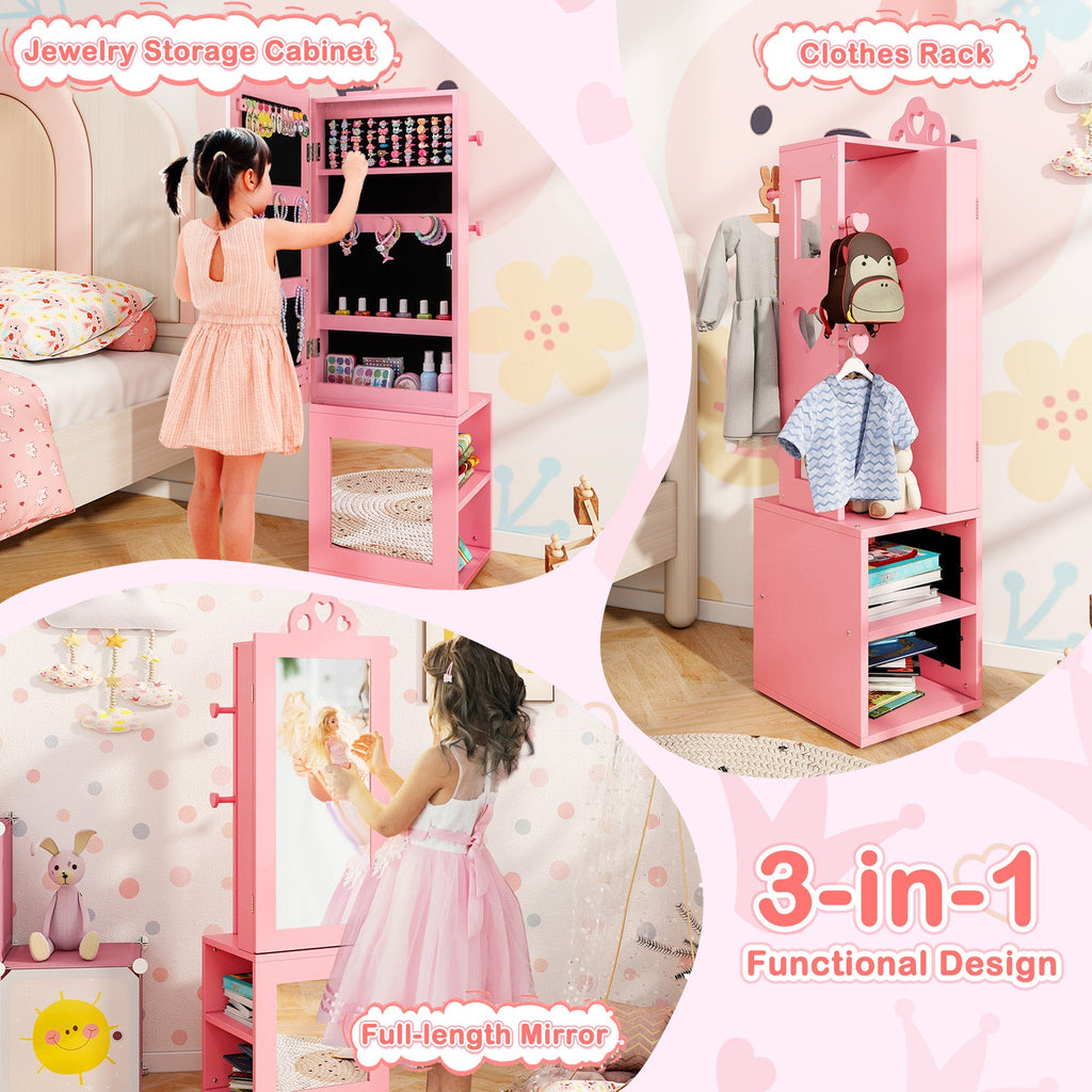 3-in-1 Freestanding Kids Jewelry Cabinet Armoire with Full Length Mirror-Pink