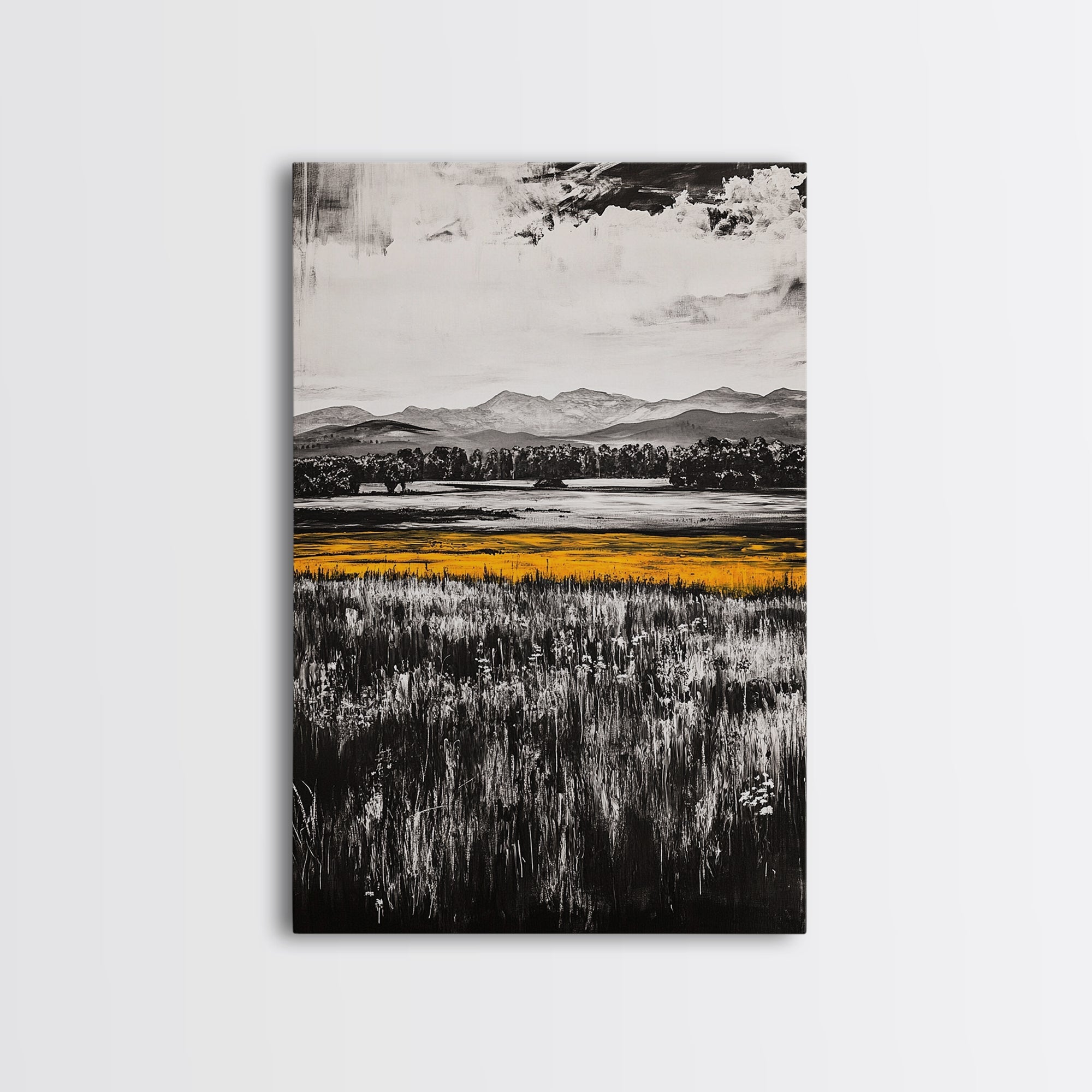 Golden Meadow, Black and White Landscape with Yellow Accents, Minimalist Nature Wall Art, Framed Canvas Print, Living Room or Office Decor