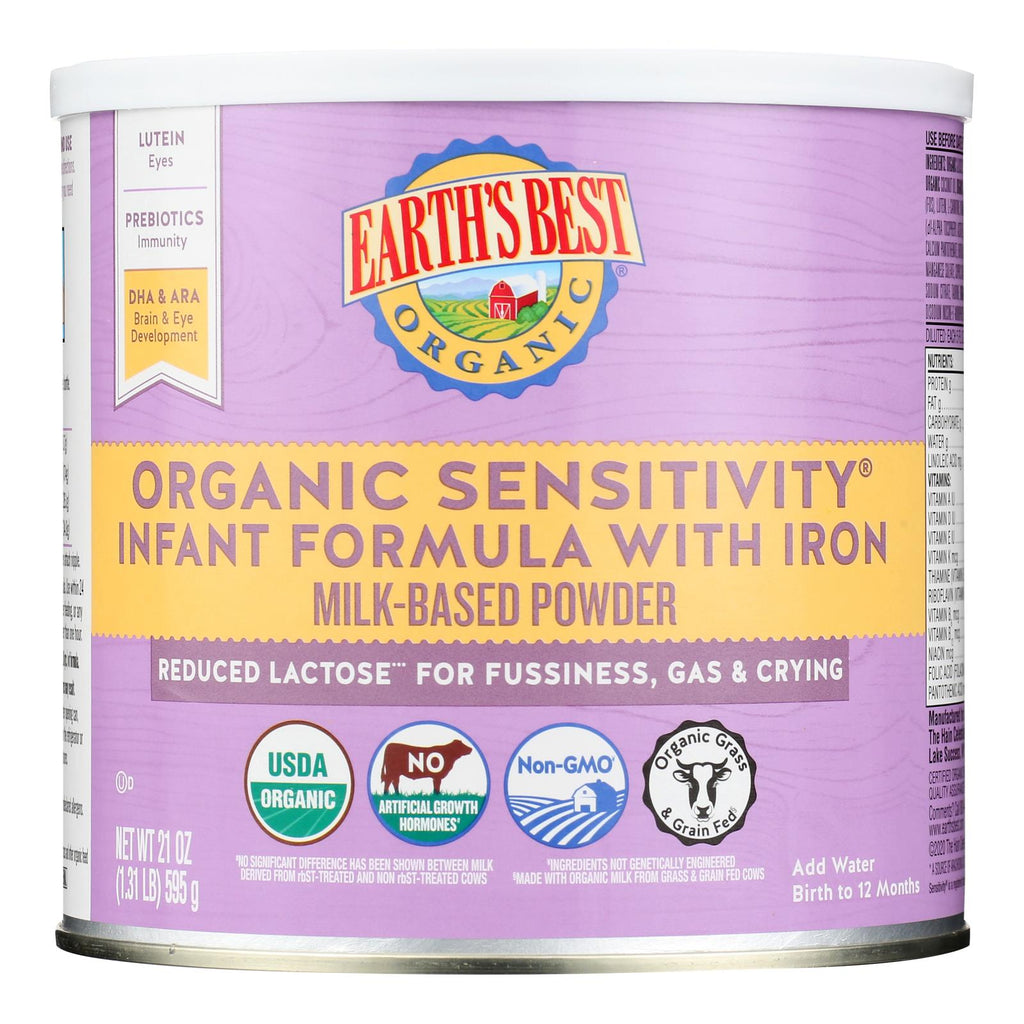 Earth's Best Organic Sensitive Infant Formula with Iron (21 oz, Pack of 4):  Reduced Lactose, USDA Organic