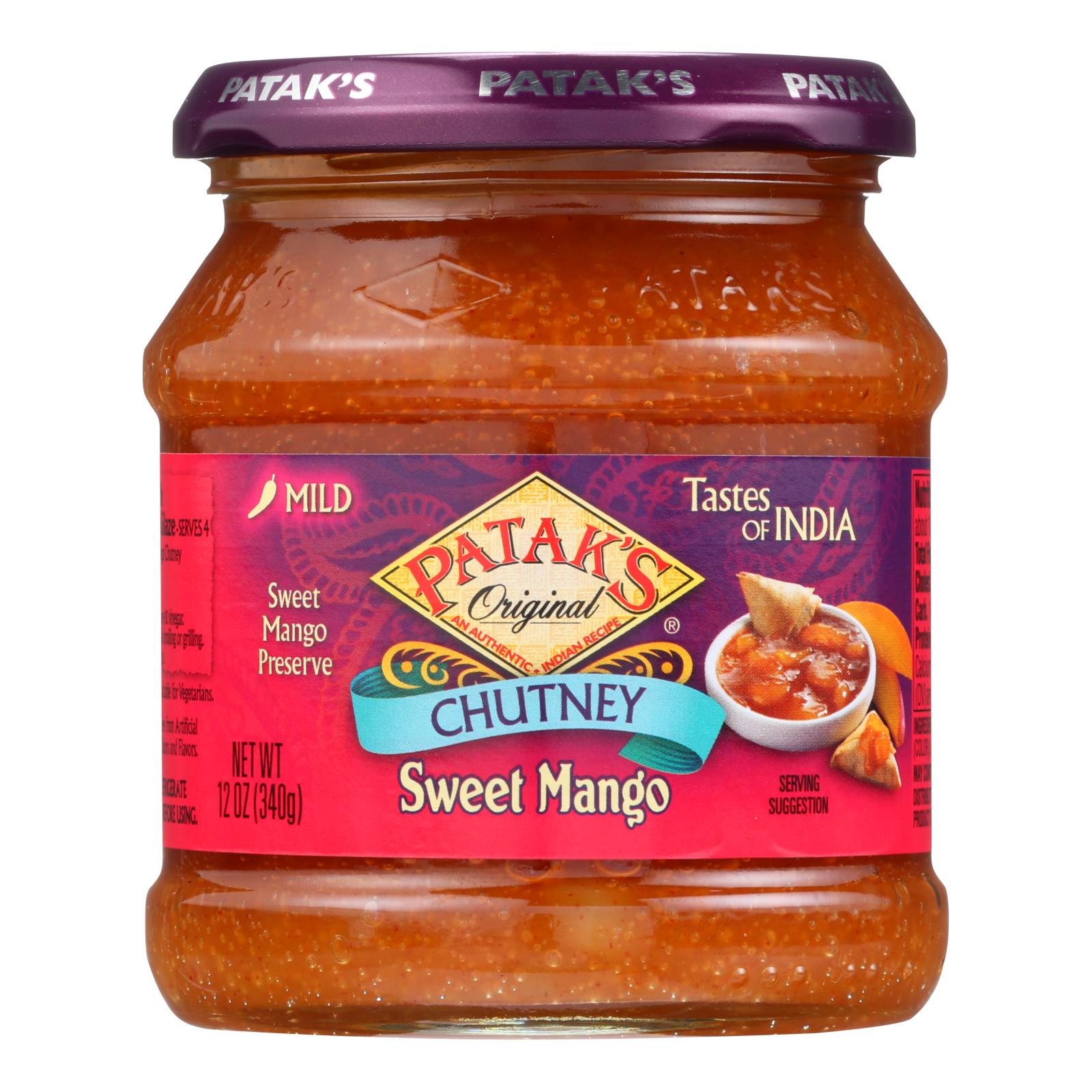 Patak's Mild Sweet Mango Chutney, Authentic Indian, Gluten-Free, Case of 6 (12 oz)