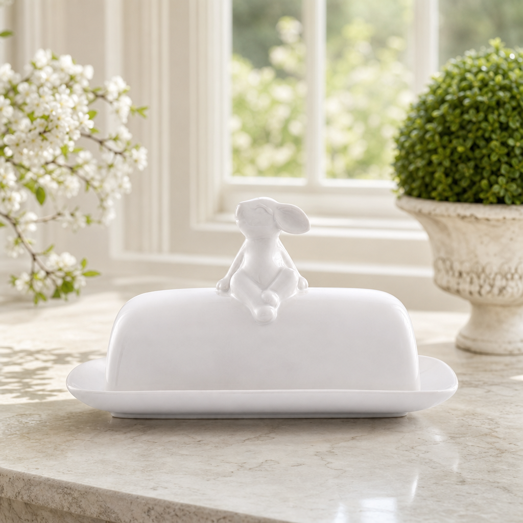 Porcelain Sitting Bunny Butter Dish