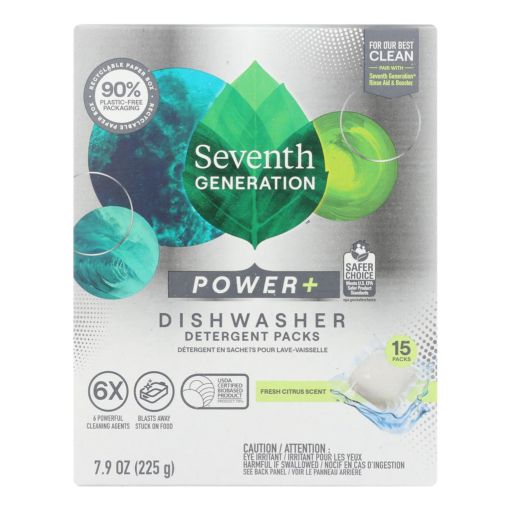 Seventh Generation Power+ Fresh Citrus Dishwasher Detergent Packs, Case of 6, 15 Count Packs