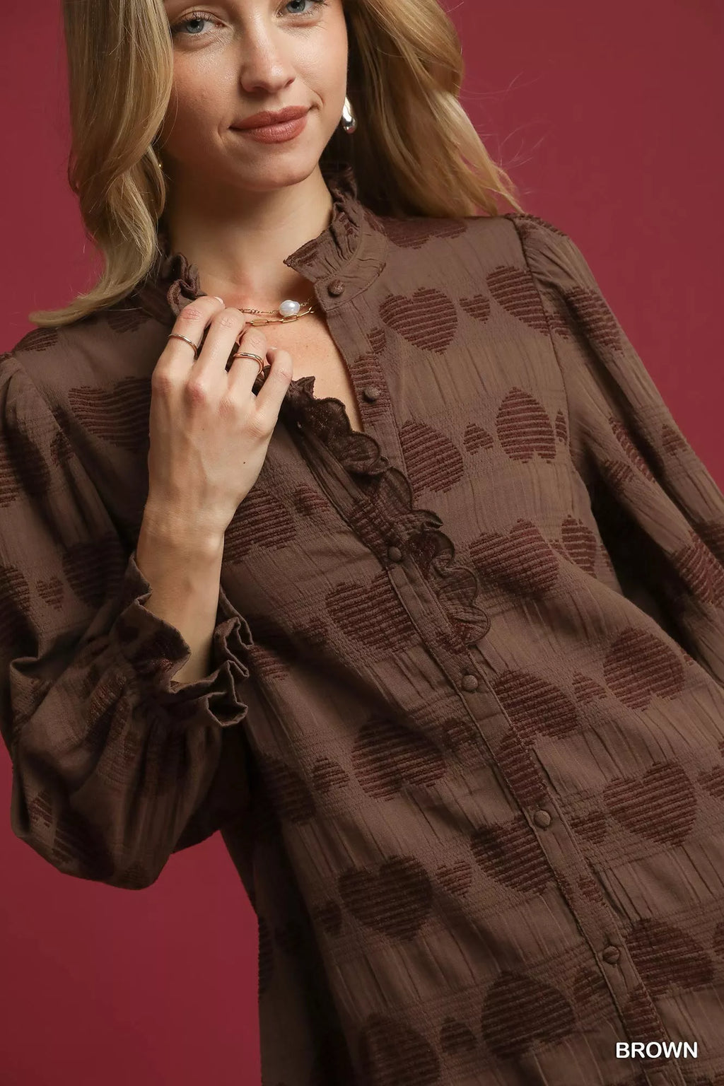Umgee Heart Jacquard Ruffle Trim Shirt