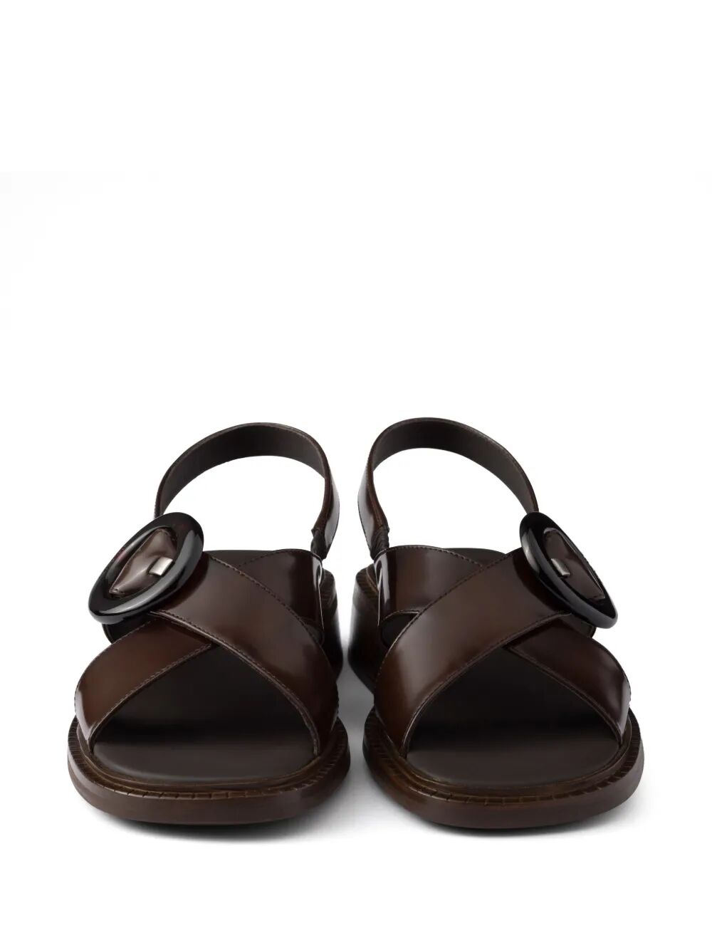 Prada Women Brushed Leather Crisscross Band Sandals With Plexiglas Buckle