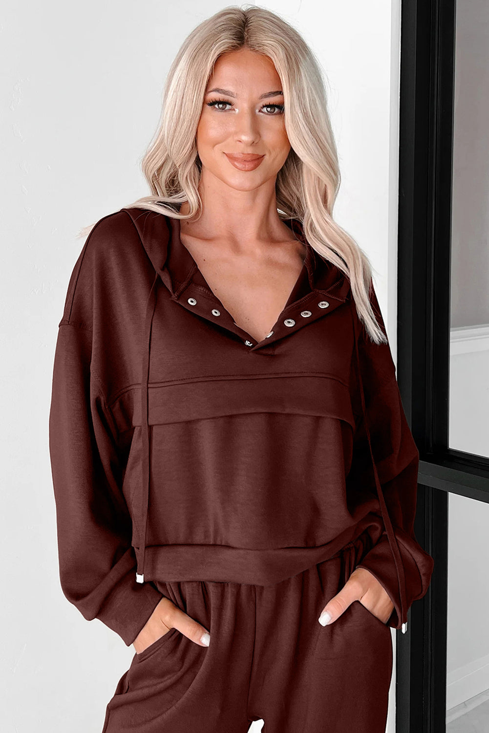 Chicory Coffee Button Drawstring Cropped Hoodie Jogger 2pcs Set